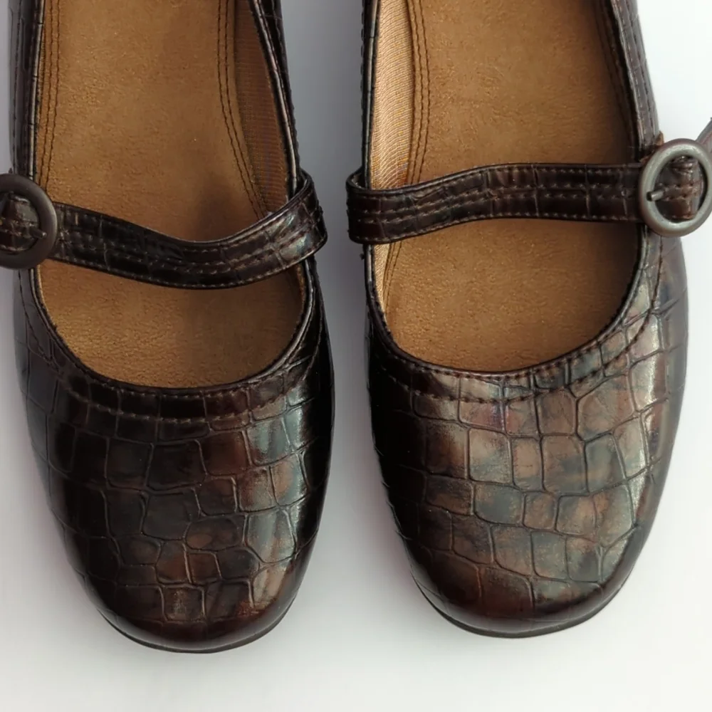 Life Stride Denise Mary Jane Size 8M Slip On Brown Black Faux Shoes
